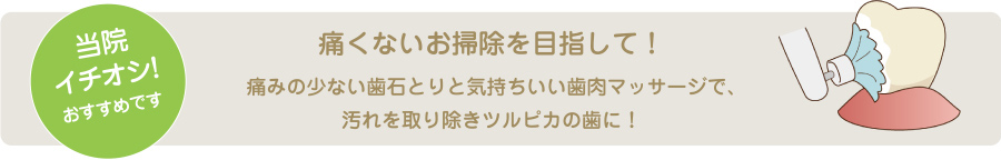 当院イチオシ！おすすめです。痛くないお掃除を目指して！痛みの少ない歯石とりと気持ちいい歯肉マッサージで、汚れを取り除きツルピカの歯に！