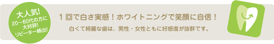 大人気!20~60代の方に大好評!リピーター続出!1回で白さ実感!ホワイトニングで笑顔に自信!白くて綺麗な歯は、男性・女性ともに好感度が抜群です。